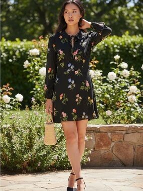 Reformation Black Floral Long-Sleeve Mini Dress with Tie Neck